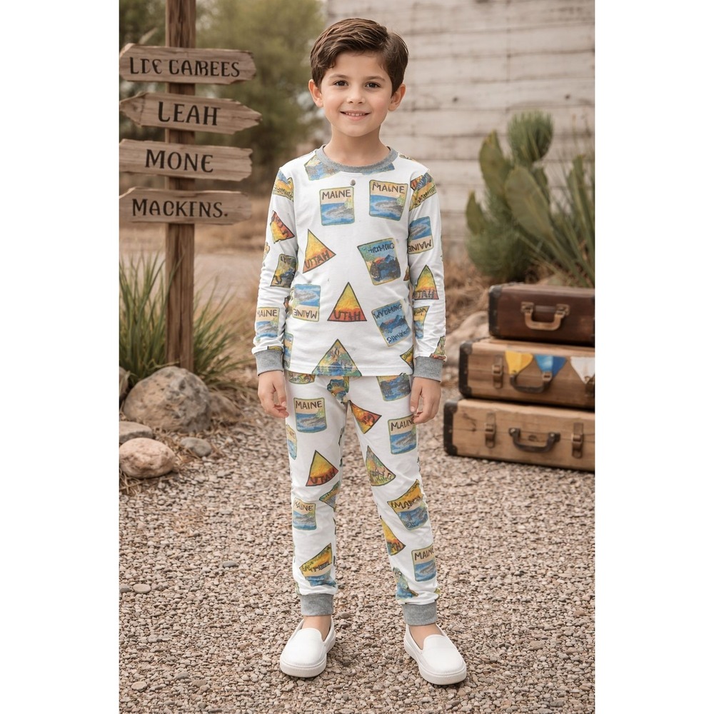 BURTS BEE Kids Boys‎ 100% Organic Cotton Pajama 8Y Set Travel Print Multicolor
